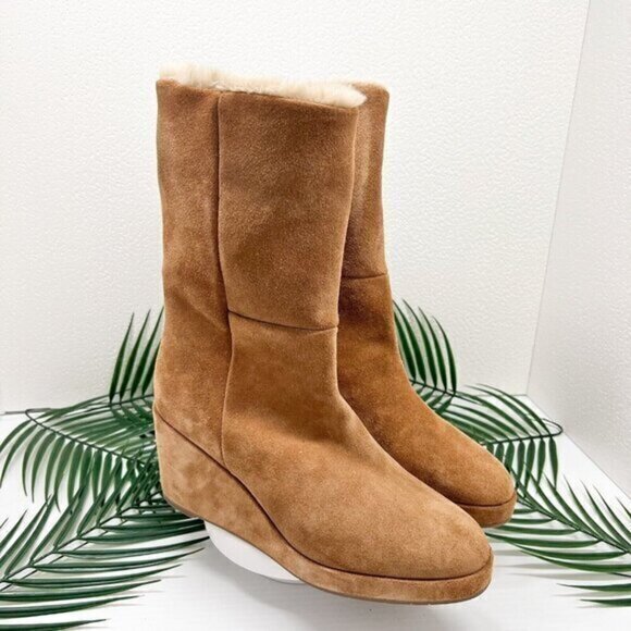 AQUATALIA Weatherproof Imperia Faux Fur Lined Suede Wedge Boots Size 9 Tan NWOB - Picture 1 of 11
